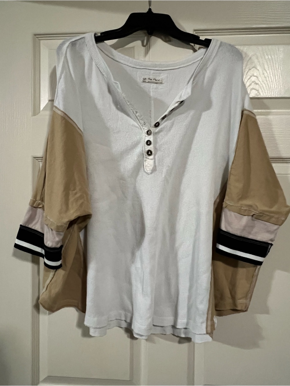 We The Free White Henley Top with Tan Colorblock Sleeves